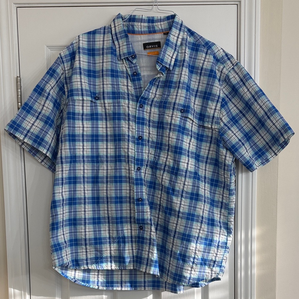 Orvis Blue and White Plaid Casual active fit Shirt xxl